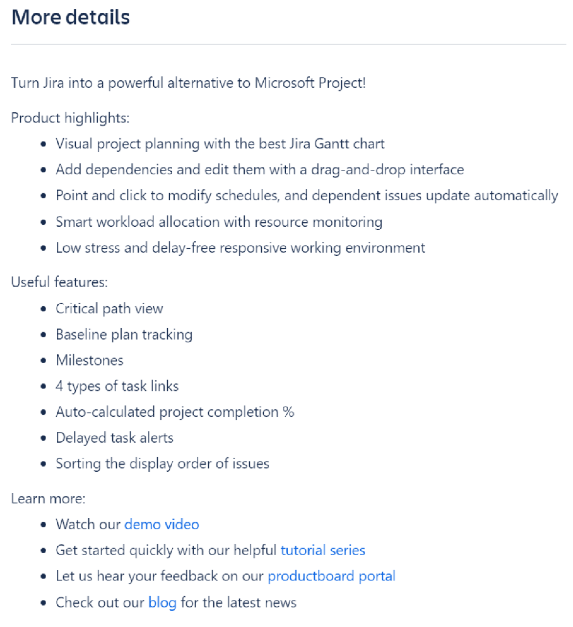 The Marketplace “more details” display field that includes product highlights, useful features and learn more about Ricksoft’s app.