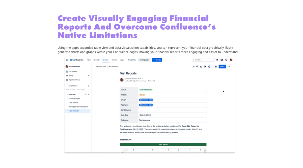 Visual representation of financial reports showcasing Ricksoft's apps for tracking finance on Confluence, enhancing financial confidence.