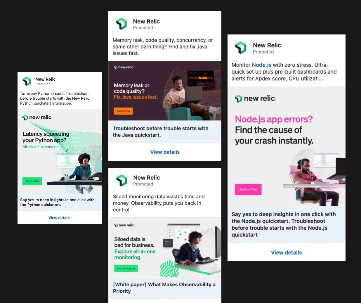 Image of Facebook ads for New Relic's campaign, addressing user problems like website crashes and memory leaks and presenting New Relic as the solution.