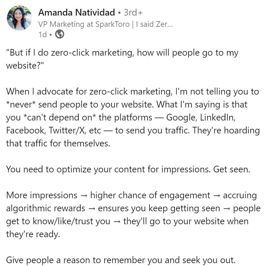 Amanda Natividad from Sparktoro explains the significance of zero-click marketing in driving demand creation.