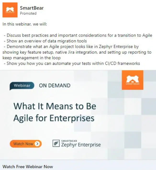 Example of Smartbear's retargeting ad promoting a webinar featuring their app, showcasing enterprise agility.