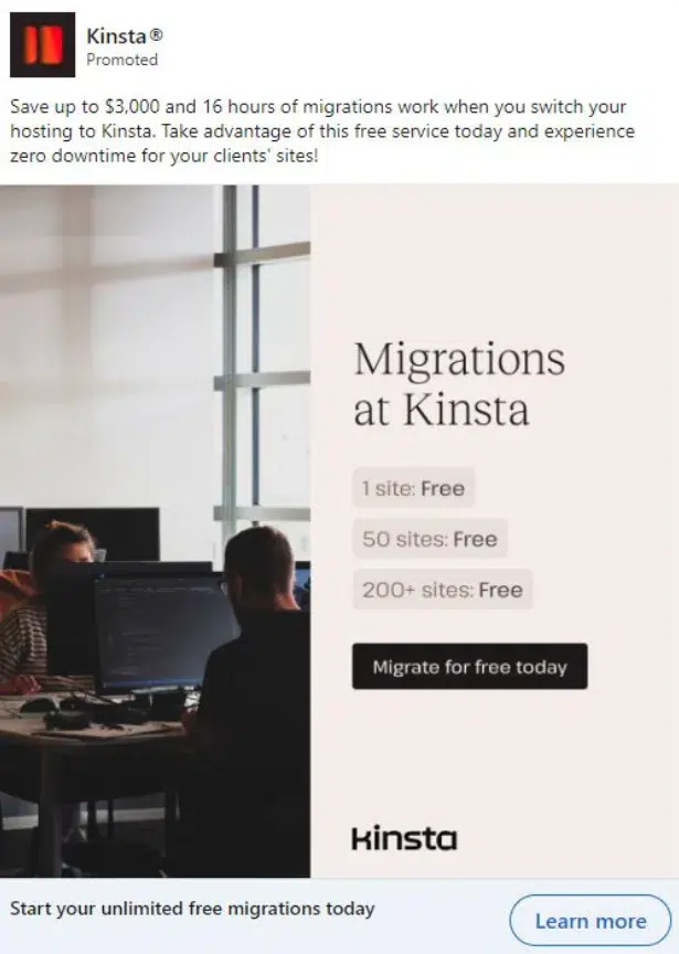 Image of Kinsta migration ad with a time-sensitive offer, targeting users in the decision stage.