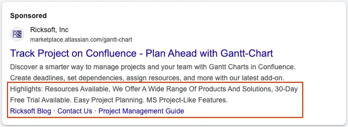 Google ad search results illustrating project management app from Ricksoft with extensions like site link, contact us, and landing page for improved visibility.